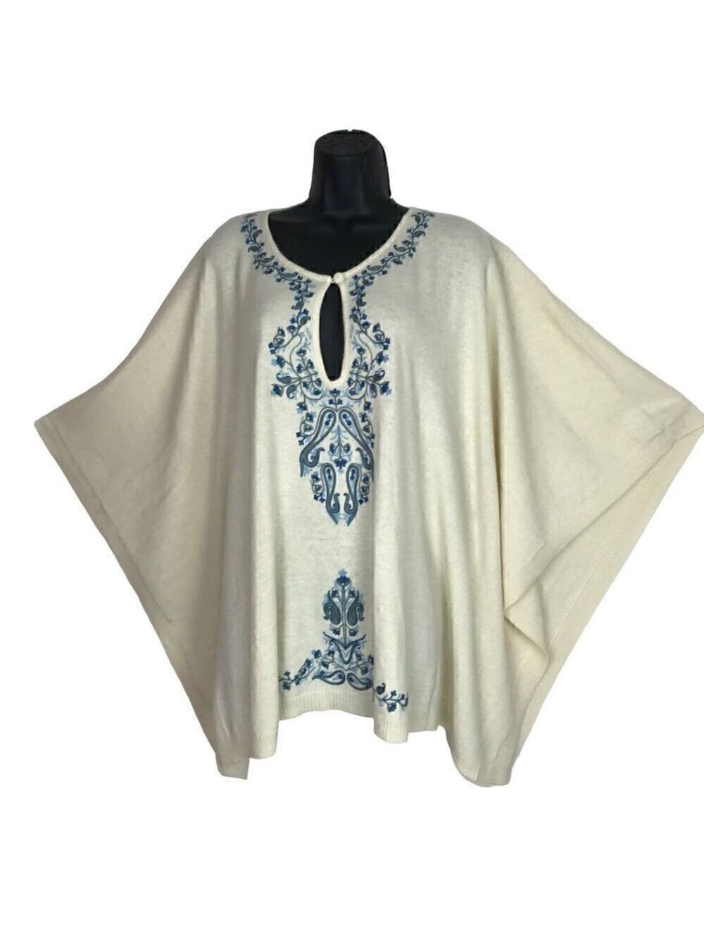 LUCKY Brand Bohemian Poncho With Beautiful  Blue Floral Embroidery Size M/L
